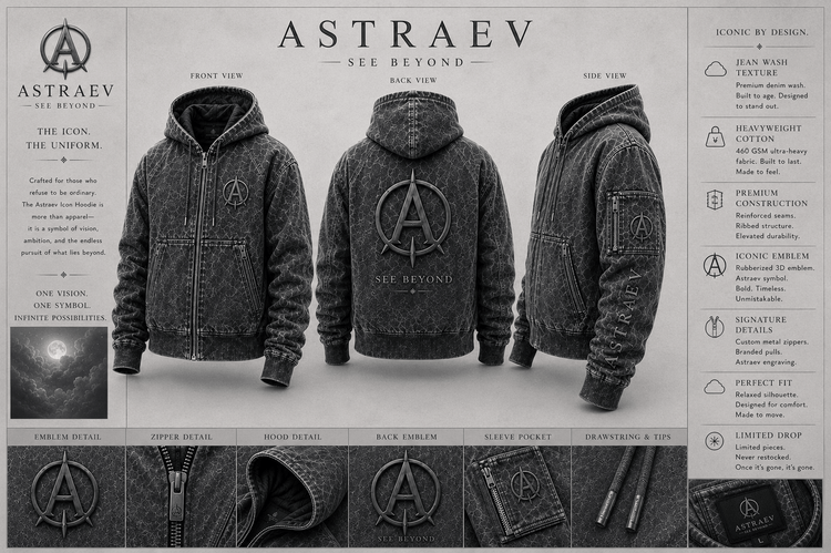 ASTRAEV - THE ICON HOODIE - SHADOW DENIM EDITION showcasing front, back, and side views with details.
